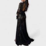 Azalea - Midnight Elegance Prozirna Čipkasta Dugačka Rukava Stretch Maxi Haljina
