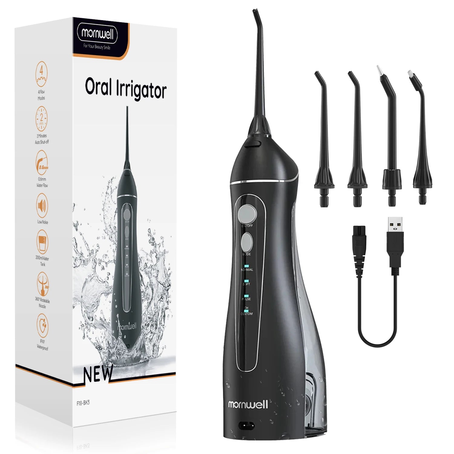 Portable Cordless Water Flosser F18 with 3 Cleaning Modes, Waterproof Design, Rechargeable Battery, and 4 Nozzles for Gum Care