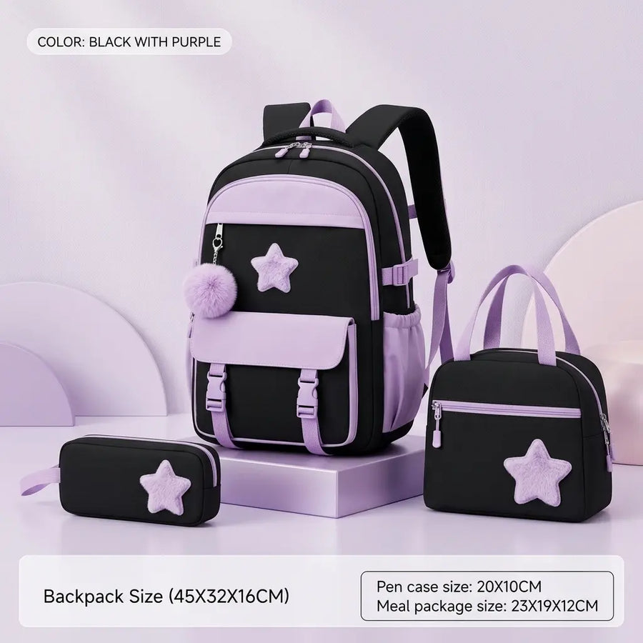 School Backpack Set for Girls, Chic Color-Block Waterproof Nylon, Ultra-Light Large Capacity for Back to School & Sleepovers, Back to School Haul, Casual,Back to School,Back to School Haul