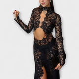 Azalea - Midnight Elegance Prozirna Čipkasta Dugačka Rukava Stretch Maxi Haljina