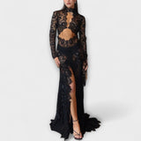 Azalea - Midnight Elegance Prozirna Čipkasta Dugačka Rukava Stretch Maxi Haljina