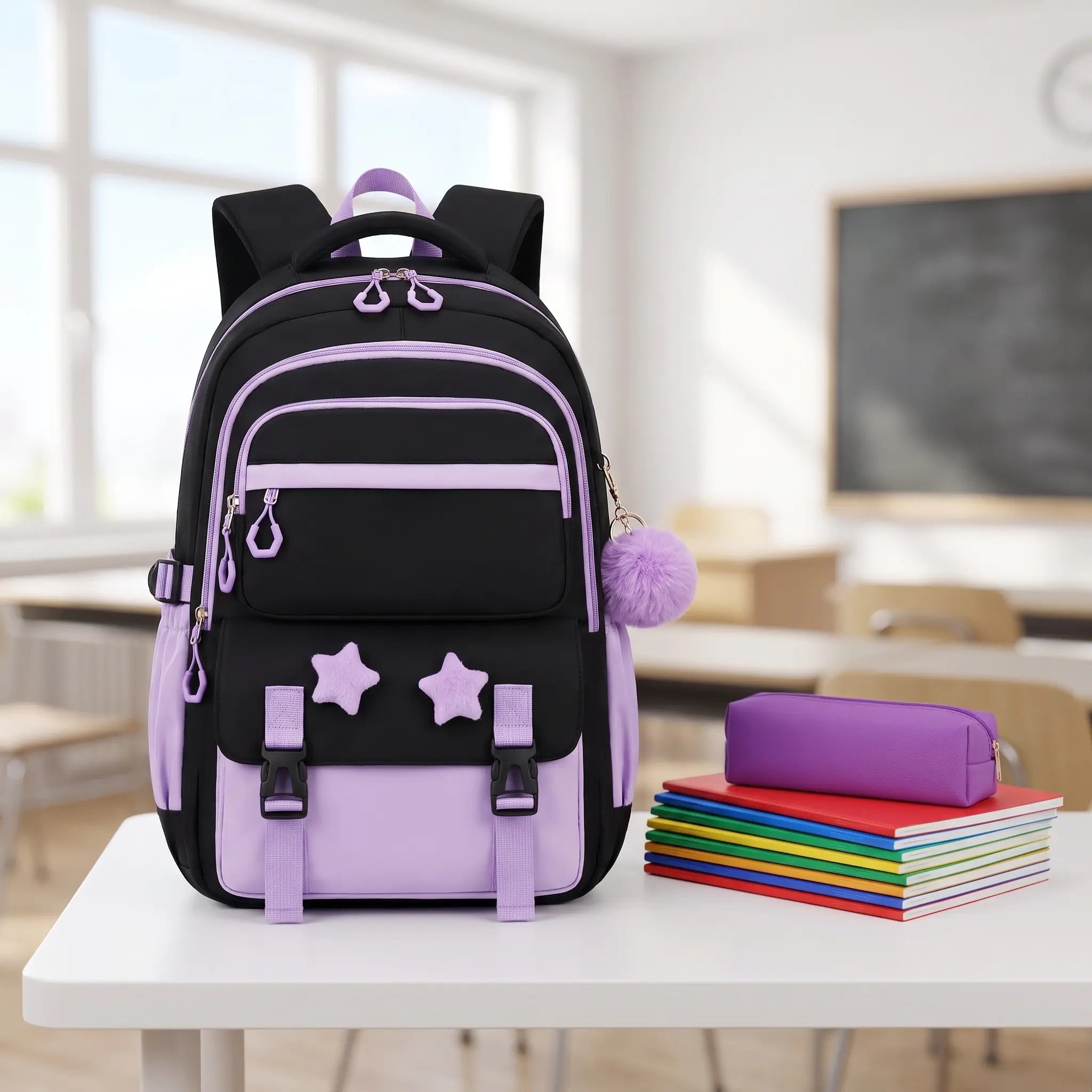 School Backpack Set for Girls, Chic Color-Block Waterproof Nylon, Ultra-Light Large Capacity for Back to School & Sleepovers, Back to School Haul, Casual,Back to School,Back to School Haul